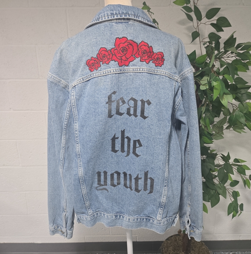Fear The Youth Rose Embroidered Cotton Denim Jean Jacket Blue Small Unisex